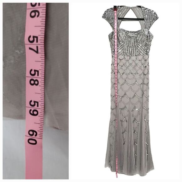 Cache Grey Beaded Sequin Maxi Mermaid Gown sz 6 Cap Sleeve Formal Black Tie - Picture 9 of 14